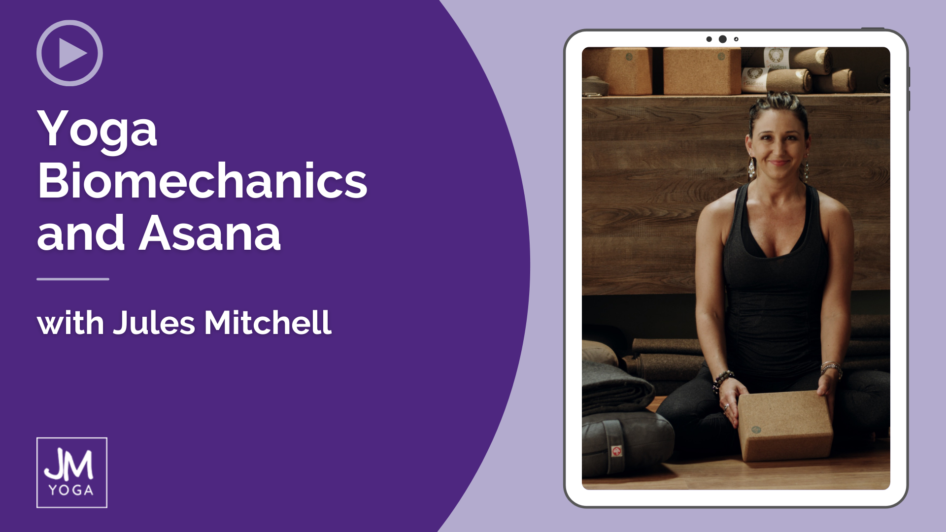 Product graphic in two shades of purple. Yoga Biomechanics and Asana with Jules Mitchell.