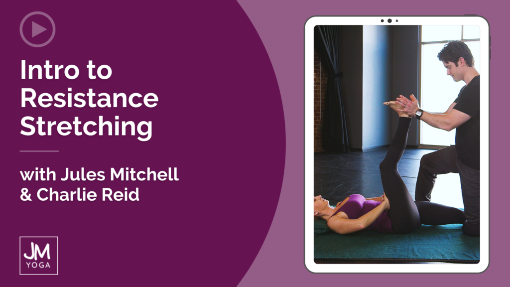 Product graphic in two shades of burgundy. Intro to Resistance Stretching with Jules Mitchell and Charlie Reid.