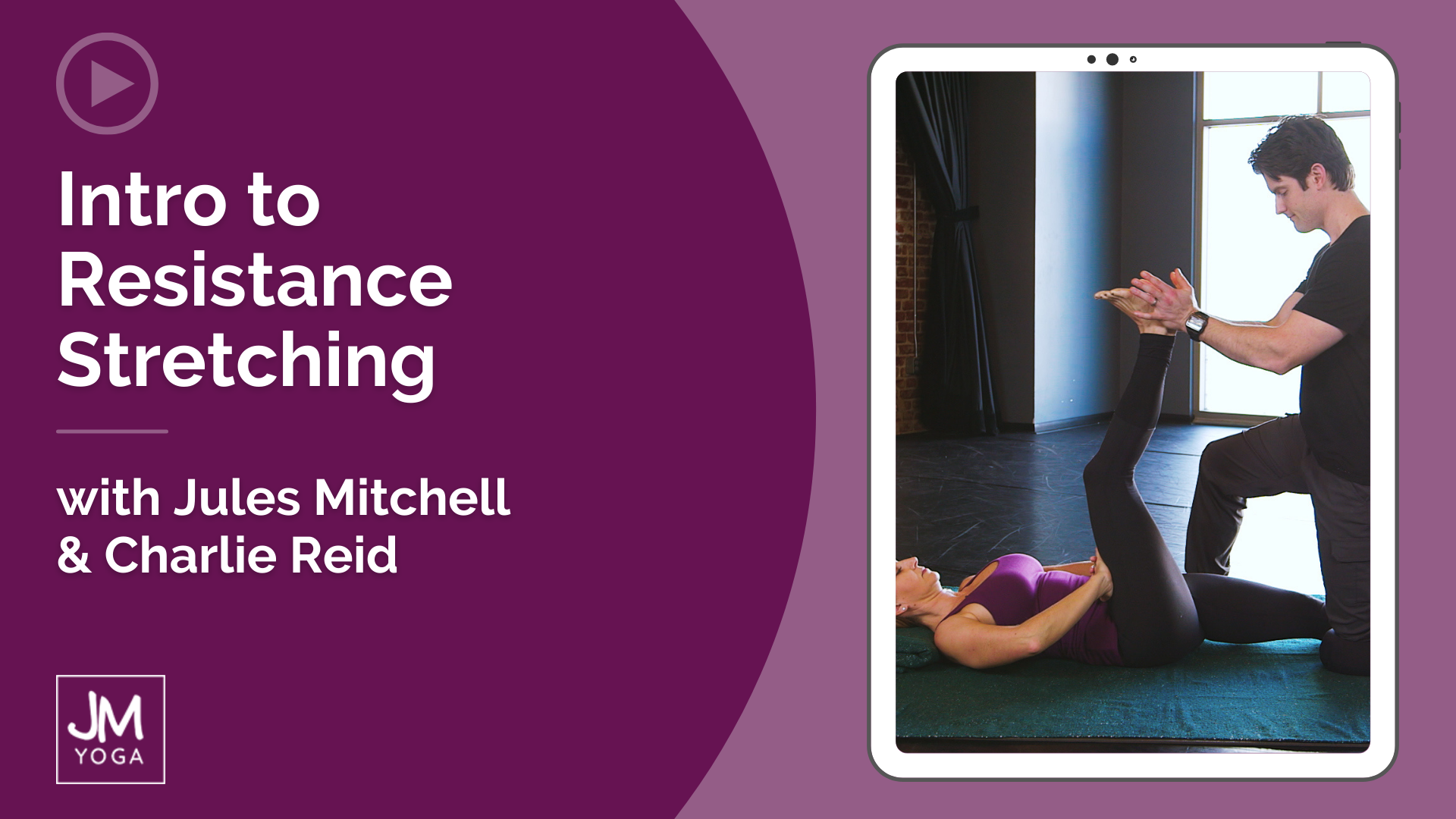 Product graphic in two shades of burgundy. Intro to Resistance Stretching with Jules Mitchell and Charlie Reid. 