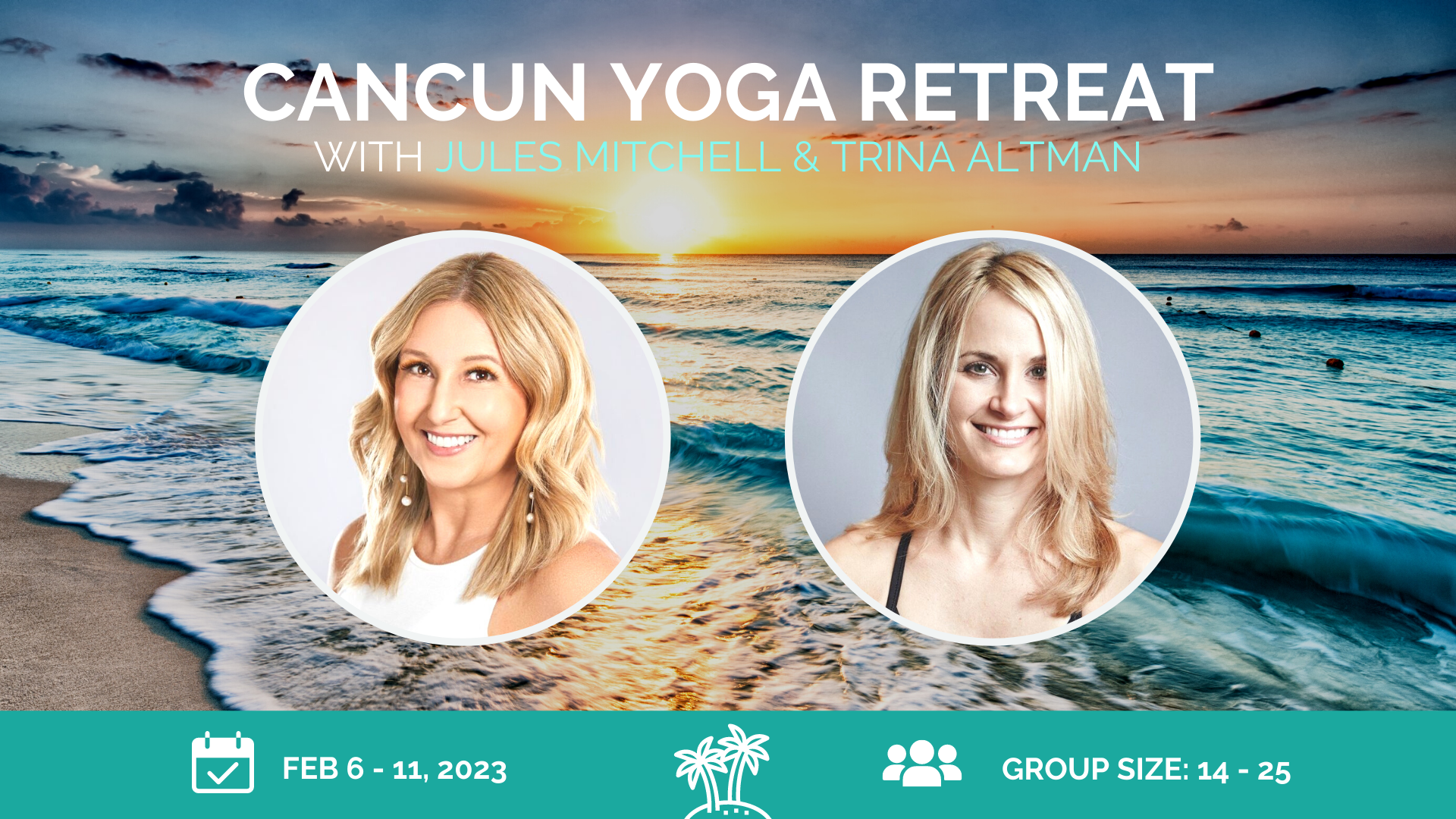 A headshot of Jules Mitchell and a headshot of Trina Altman over a beach scene background.