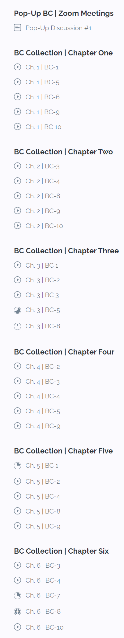 List of content in the book club collection