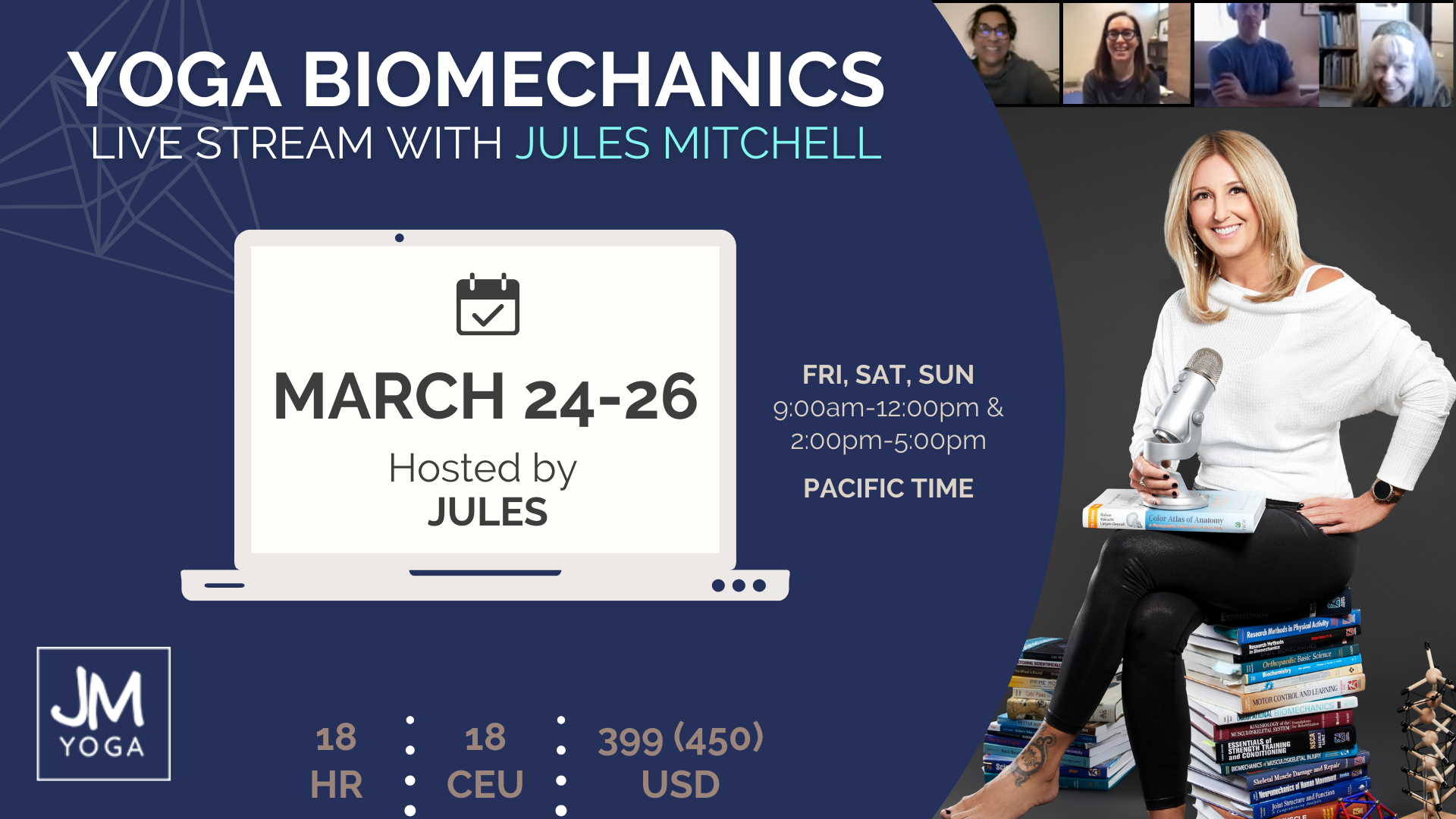 A promotional graphic with a picture of Jules sitting on a stack of textbooks with all the course details on it.