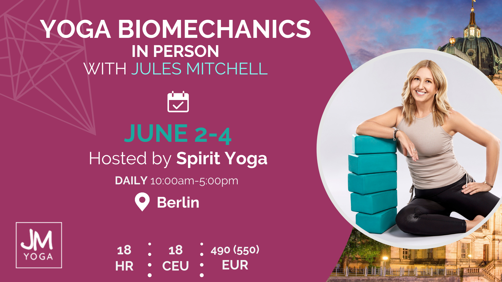 Promotion graphic of Jules Mitchell teaching a yoga workshop in Berlin