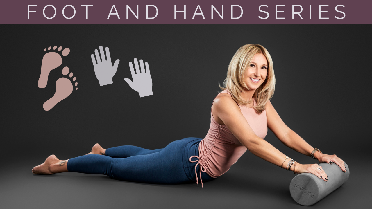 Promo graphic of Jules teaching a foot and hand yoga class series. She's in a version of cobra pose with her hands on a foam roller.