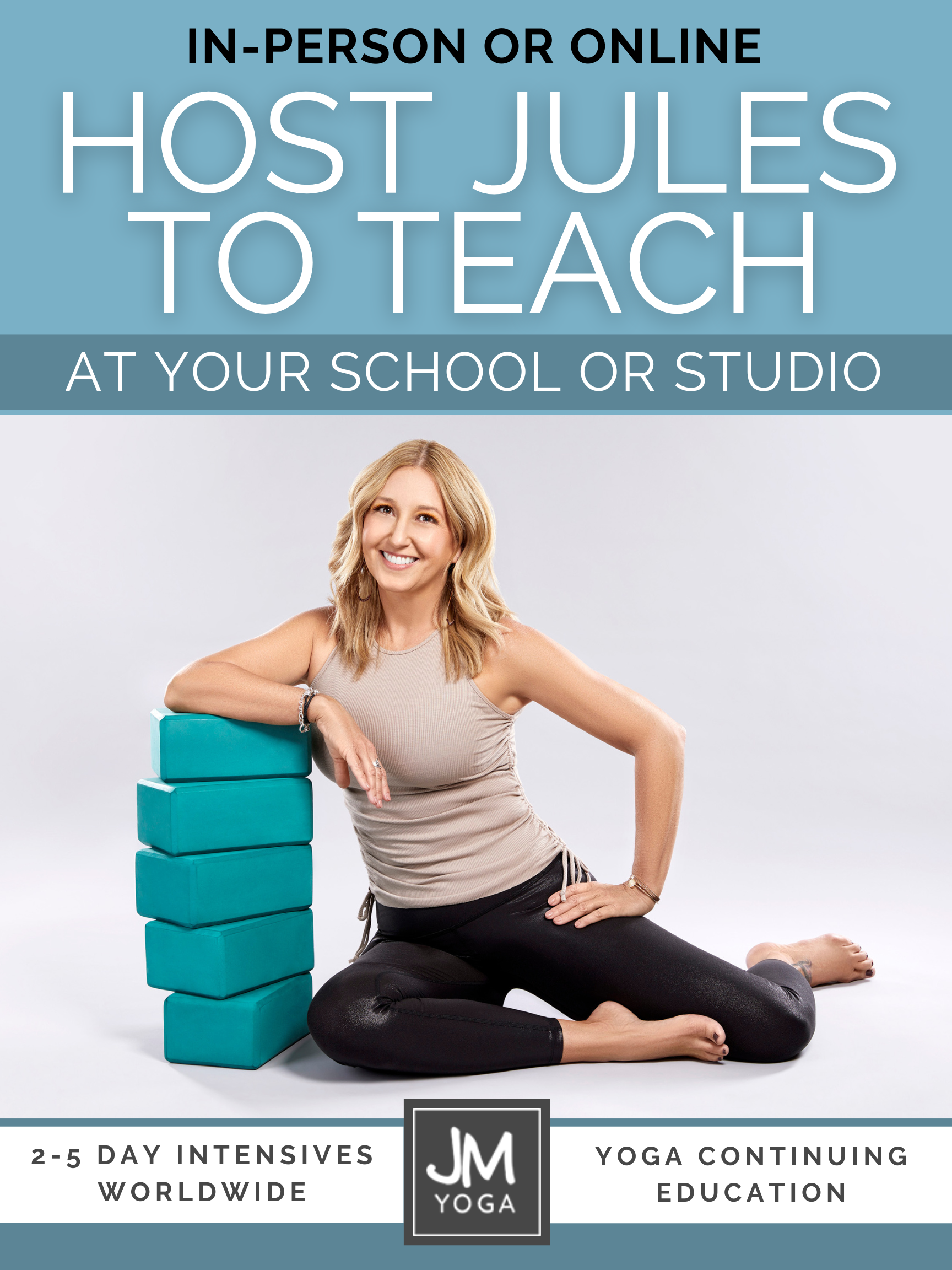 Host Jules to Teach Host Jules to be a yoga biomechanics guest teacher at your yoga school or studio