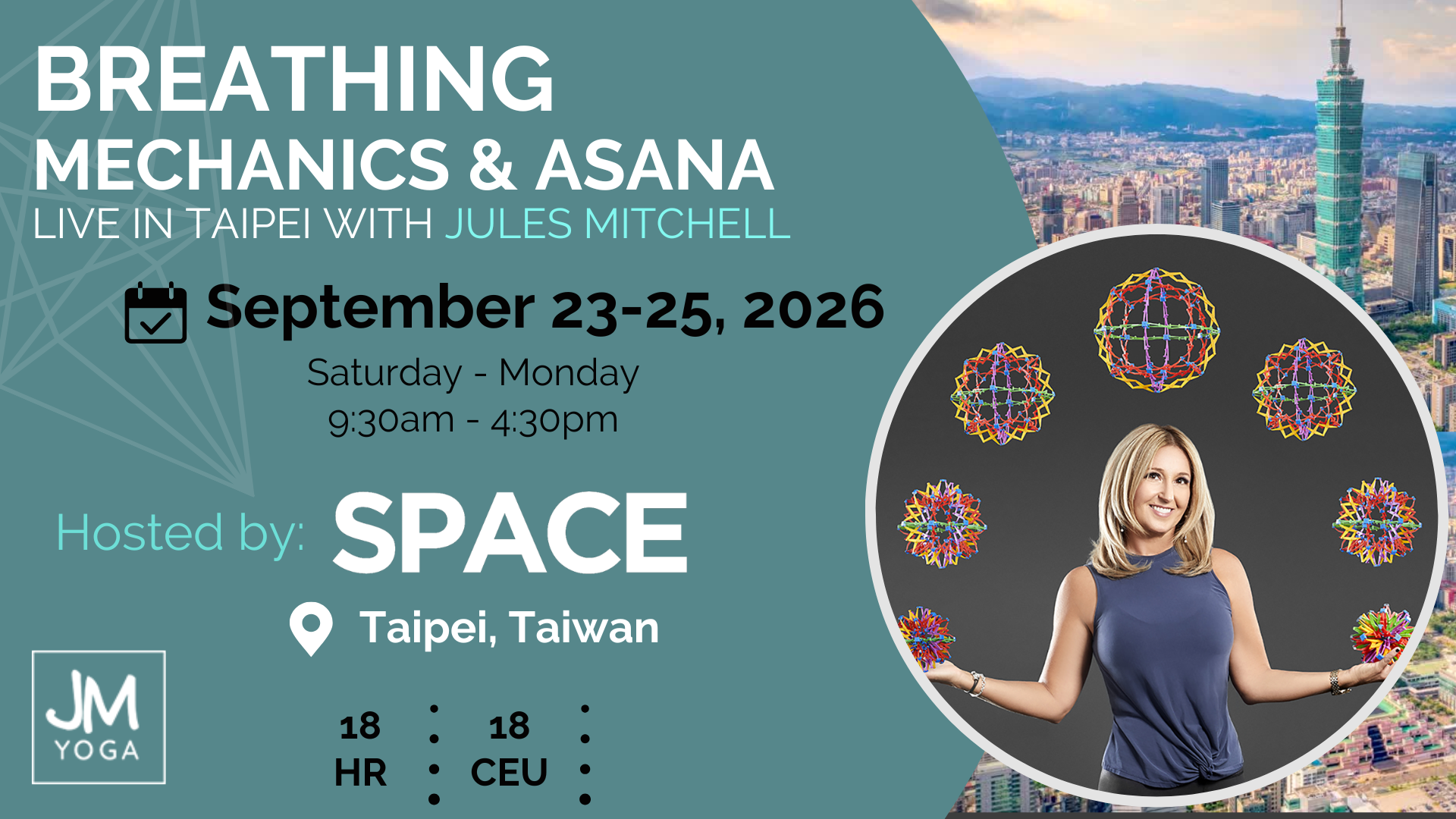 Jules Mitchell leads a breathing mechanics and asana course in Taipei, Taiwan for yoga teachers.