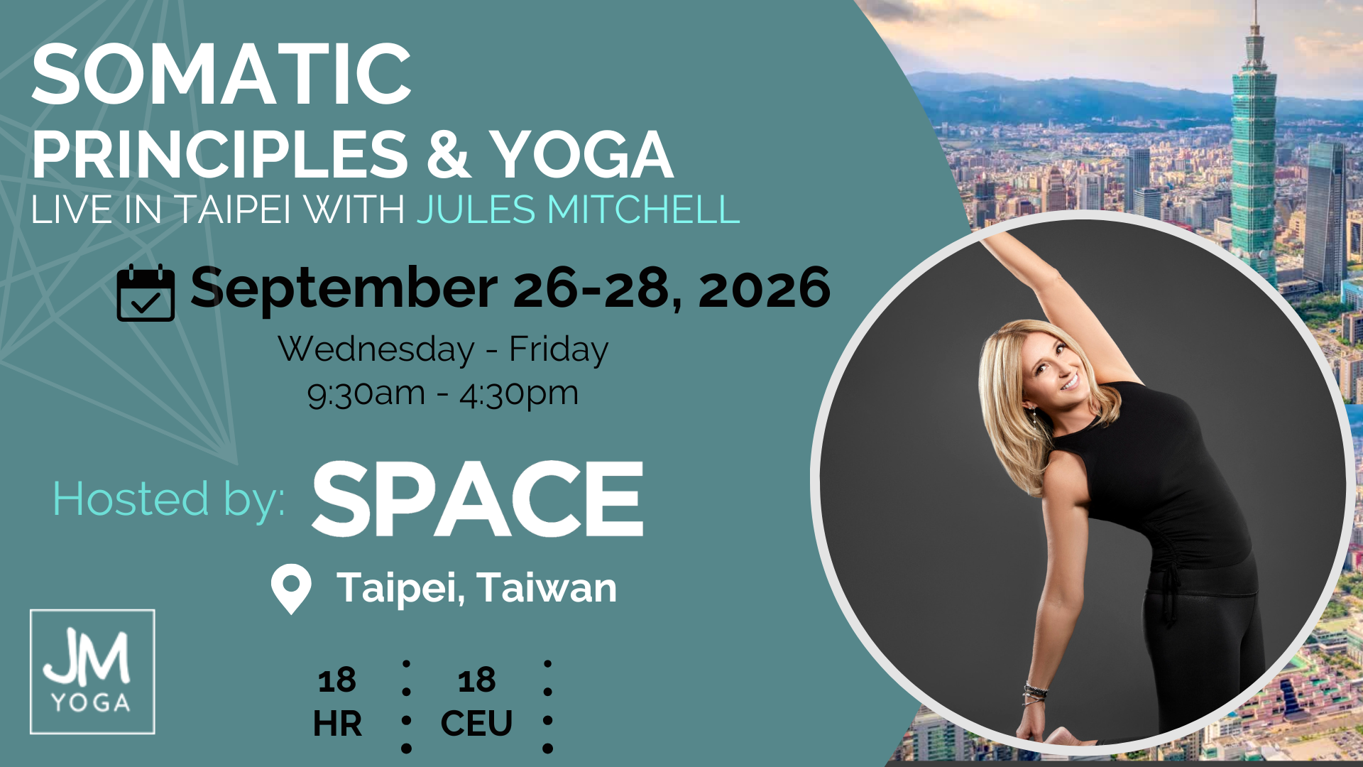 Jules Mitchell offers an online yoga workshop in Taipei Taiwan for yoga teacher on somatics and motor control theory, motor learning, and development.